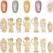 14 Stück, 7 verschiedene Designs, Nagelsticker mit Jungfrau Maria-Motiven, 3D-Nagelstecker aus Goldlegierung, Strasssteine mit religiösen Motiven