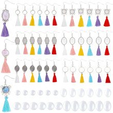 72 Sets Earring Cabochon Settings Blank, 6 Styles Bezel Trays Hooks Dangle with Glass Clear Cabochons Tassel Wire for DIY Jewelry Making Craft