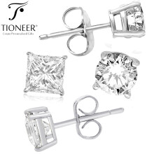 Sterling Silver 925 Dark Brilliant Round / Square Cut Cubic Zirconia Black Ear Stud Men Women Earrings