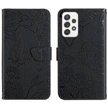 Etui kompatibelt med Samsung Galaxy A33 5G, stødsikkert flipcover i PU-læder med blomster- og sommerfugledesign, håndledsrem, faldsikker