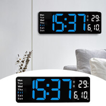 AQITTI Große digitale LED-Wanduhr für Haushaltsgeräte mit Temperaturanzeige, Datums- und Wochentagsanzeige sowie USB-Fernbedienung
