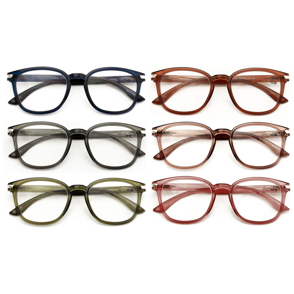 6 Pairs Round Lightweight Reading Glasses - Translucent Clear Spring Hing Reades Men Women 7019 +1.25