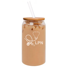 16oz Can Shaped Glass Iced Coffee Cup with Bamboo Lid and Straw Gift Licensed Practical Nurse LPN