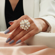 Pearl Statement Wedding Ring for Women, Gold Plated Vintage Crystal Faux Pearls Ball Flower Adjustable Open Band Ring, Comfort Fit Exaggerated