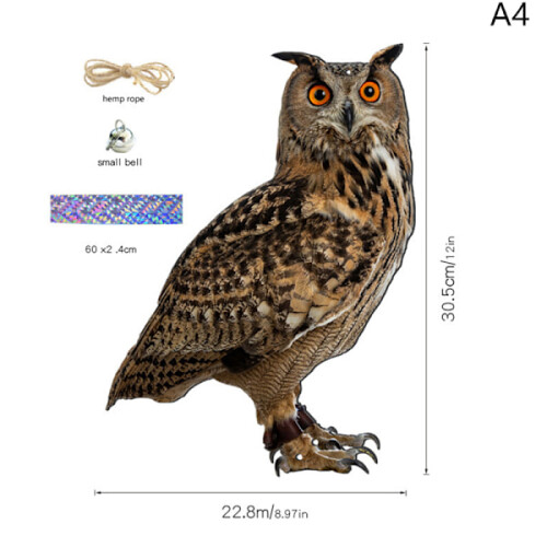 Vogelscheuche mit Glöckchen – Eulenmotiv – Hängende Vogelabwehr A4