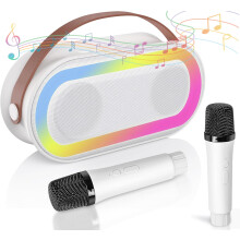 Eccomum Mini Karaoke Machine with 2 Wireless Microphone, Portable Speaker with Stereo Sound Bass LED Lights for Kids and Adults Home Party and Gifts