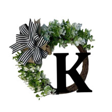 Front Door Wreath with Bow K Initial Welcome Sign for AllSeason Porch Decoration