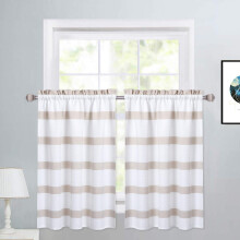 Harmaa vohvelikuvioinen keittiön verhohelma, 152 cm leveä x 38 cm pitkä, lankavärjätty raidallinen kuvio, tankotaskullinen kahvilaverho