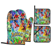 Luvas de forno e pegadores de panela Pikachu, conjunto de 4 peças, resistentes ao calor, ideais para micro-ondas, com protetores antiderrapantes