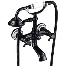Vintage Wall Mounted Bath Shower Mixer Tap with Handheld Shower & 1.5m Hose, Black Brass Dual Handle Bathtub Faucet