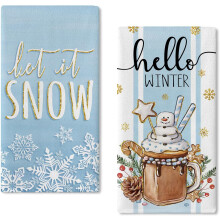 Sada 2 modrých kuchyňských utěrek Hello Winter, design sněhuláka s motivem horkého kakaa, sněhové vločky a letní svátky, 18x26 palců