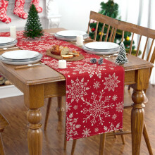 Tischläufer aus Jute mit roten Schneeflocken – Weihnachtsdekoration für Küche und Esszimmer