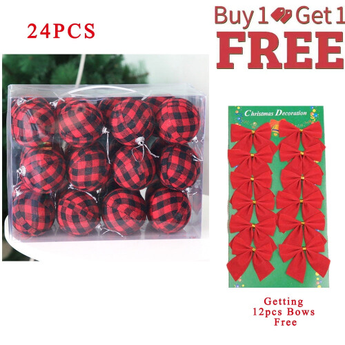 24 τεμάχια μπάλες Buffalo Plaid, χριστουγεννιάτικα στολίδια τυλιγμένα με καρό ύφασμα,