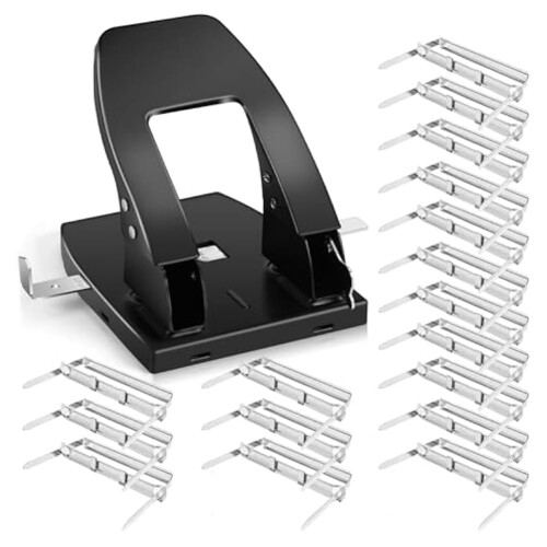 2-gaats perforator met 100 bindpapiertjes en bevestigingsclips.