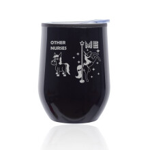 Bicchiere da viaggio senza stelo per vino, caffè e bevande con coperchio, con tema infermiera, superstar e unicorno (nero mezzanotte)