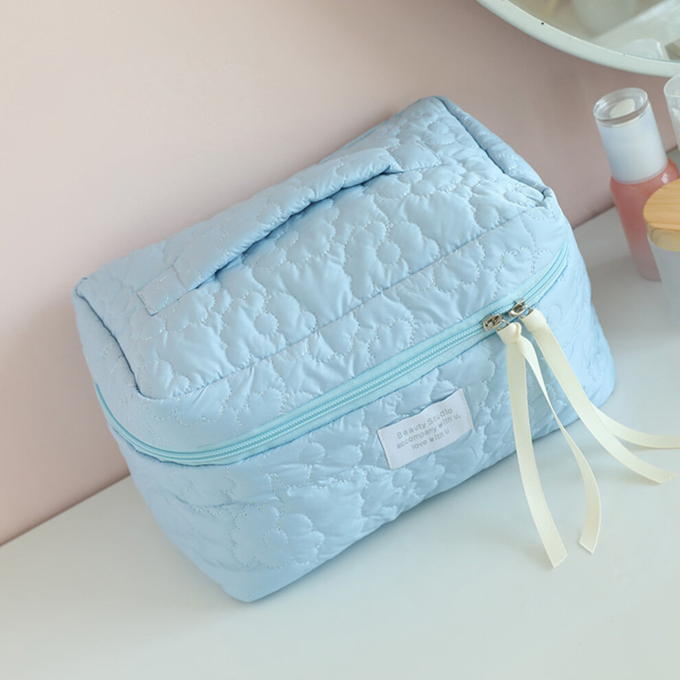 Large Capacity Travel Makeup Bag, Portable Flat Design with Wide Opening, Multi-Compartment Organizer for Cosmetics & Toiletries - Blue