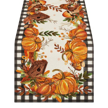 ionze Home Decor Tischläufer mit Büffelkaromuster, Herbstmotiven, Kürbissen, Vogelhaus und Ahornblättern, 33 x 120 cm / 33 x 183 cm,