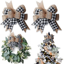 2 Pcs Christmas Plaid Burlap Bows, Compatible with Xmas Tree Topper & Wreath, 11.8"x9.4" Black White Check Rustic Ornaments for Holiday Wedding Party