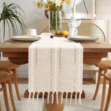 13 x 72 Zoll großer Tischläufer im Landhausstil, Boho-Tischläufer aus geflochtenem, gestreiftem Leinen mit Quasten für Esszimmer, Küche und