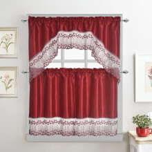Flower Embroidered 3-Piece Kitchen Curtain Tiers & Swag Set, Red color, 58x36 & 28x36 inches for daily life and holiday