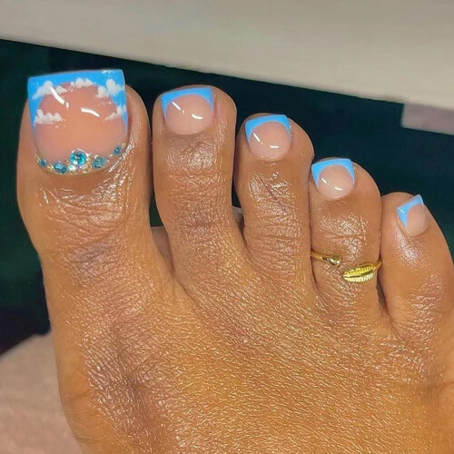 HALJEN Press on Nails24Pc Κοντά καλοκαιρινά γυαλιστερά τετράγωνα ψεύτικα νύχια ποδιών, 2