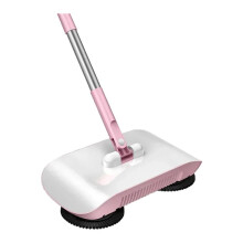 Manual Sweeper with Broom and Mop, Compact Lightweight Push Broom Vacuum for Indoor Outdoor Cleaning (Pink)