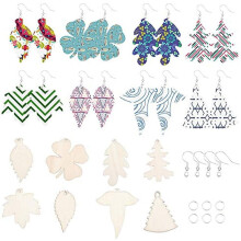 1 Set 64pcs Unfinished Natural Wooden Earrings Pendants Tray Bulk with Hole Jewelry Mamking Kit
