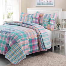 Ensemble de literie réversible 2 pièces, 100 % coton patchwork véritable, couvre-lit rose, bleu et vert, idéal pour chambre ou appartement - 1