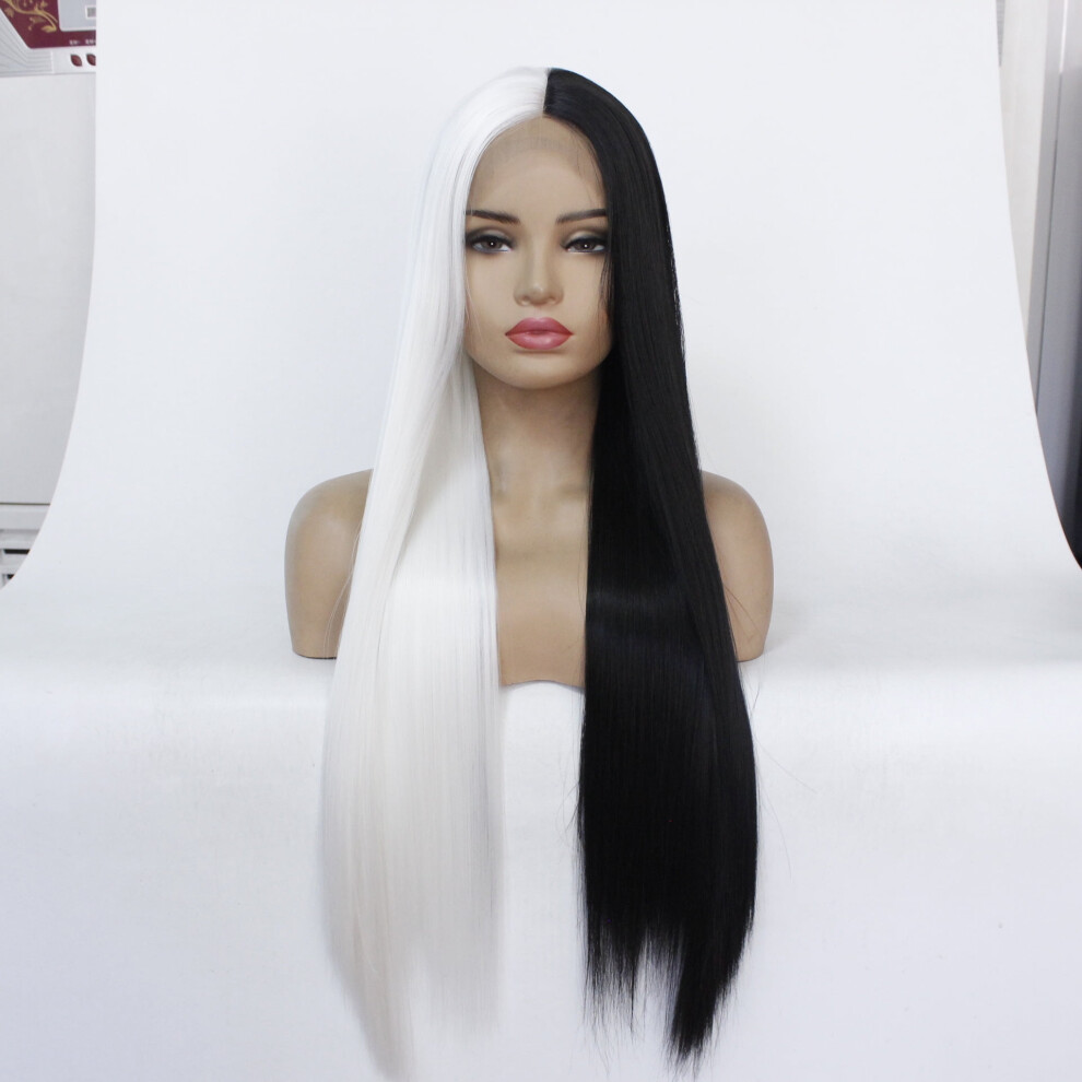 Long Straight Hair Wig Half White and Half Black Wig Women Hair Wig Cosplay Wig