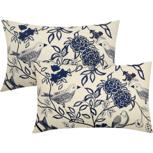 Vintage lendenkussenhoezen met bloemen en vogels, 12x20 inch, set van 2, marineblauwe bloemen en bladeren, passend bij Chinoiserie-decoratie, voor