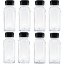 8-Piece 8 Ounces Plastic Juice Bottles, Reusable Bulk Beverage Containers for Juice, Milk and Other Beverages, Black Lids