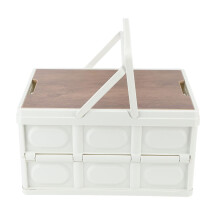Camping Storage Box with Wooden Lid, Foldable Camp Organizer for Outdoor Picnic and Car Trunk