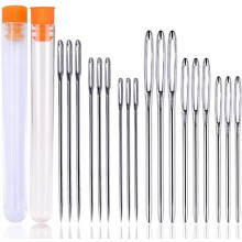 18 ace de cusut din oțel inoxidabil: 9 compatibile cu ace ascuțite și 9 boante, cu ochi mare pentru cusut manual, cu sticlă de plastic