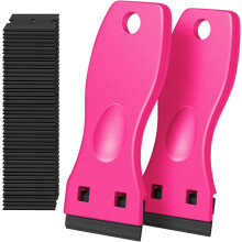 Plastic Razor Blade Scraper, 2 Pack Razor Scraper with 100 Pcs Razor Blades for Removing Glue, Sticker, Decals, Tint from Car Window and Glass(Pink)