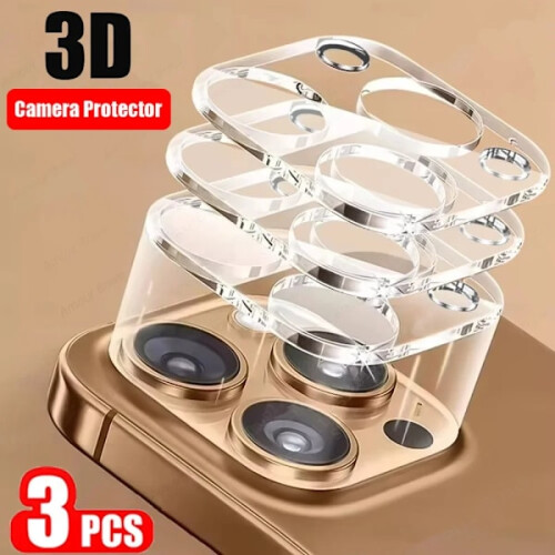 Kit com 3 Protetores de Lente de Câmera 3D Transparentes Compatíveis com iPhone 11, 12, 13, 14, 15, 16 Pro Max, Plus e Mini - Vidro Temperado