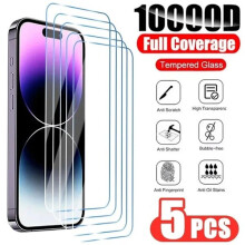Lot de 5 protections d'écran en verre trempé transparent HD, compatibles avec iPhone 15 Plus et couvrant intégralement l'écran.