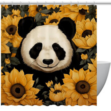 Cortina de ducha con ojales y ganchos, diseño de panda y girasol, 167 x 183 cm, ideal para la decoración del baño.