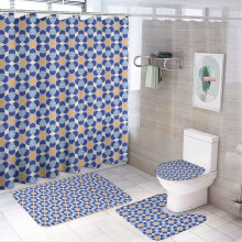 Sada 4 sprchových závěsů Patchwork ve tvaru srdce s protiskluzovými koberečky a krytem na toaletu, koupelnová sada 71"x71" pro
