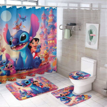 Juego de cortina de ducha familiar Stitch de 4 piezas con alfombras antideslizantes, funda para tapa de inodoro y alfombrilla de baño, color negro,