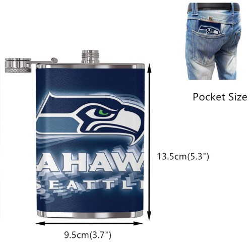 Seahawks Flagon Hip Flask8oz, Ανοξείδωτο ατσάλι και δέρμα κατάλληλο για τρόφιμα, Συμβατό με 1