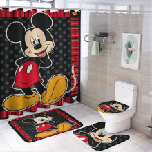 4dílná koupelnová sada s Mickey Mousem, sprchovým závěsem, protiskluzovými koberci, krytem na toaletu a předložkou ve tvaru U, 12 háčků,