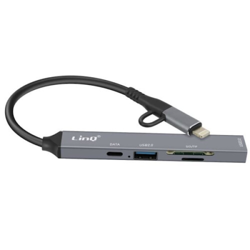 Hub USB-C και Lightning - LinQ - Μαύρο - 1x USB-C - 2x USB - Αναγνώστης SD/TF 1
