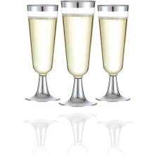 Taças de champanhe descartáveis de plástico N9R24 com borda prateada, transparentes, 150ml (5oz), perfeitas para brindes em casamentos e festas.