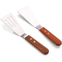 Small Metal Spatula2Pcs, Heat-Resistant Flexible Fish Grill Spatula with Wood Handle, Stainless Steel Slotted Turner