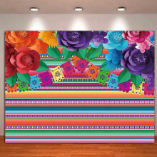 Fundo fotográfico de tecido com estampa de flores de papel listradas coloridas para festa mexicana, 210 x 150 cm (7 x 5 pés) HQRM-us-3021325-fba0