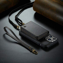 (Compatible avec l'iPhone 13 Pro Max) Étui portefeuille bandoulière avec emplacements pour cartes, protection RFID et bandoulière amovible, noir