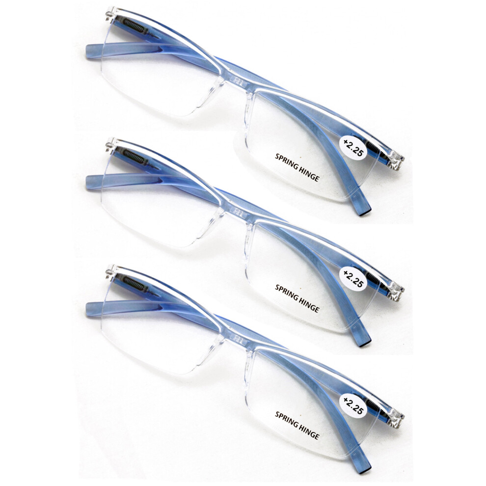 3 Pairs Lightweight Transparent Clear Lens Rectangular Readers with Spring Hinge - Men Women Reading Glasses +1.25