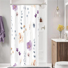 Cortina de ducha pequeña de 36x72 pulgadas, tela floral de acuarela en tonos morados y beige, decoración estrecha para medio baño con ganchos.