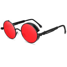 Ronde zonnebril voor volwassenen in steampunk- en cyberpunkstijl, vintage retro, met zwart montuur en rode glazen.
