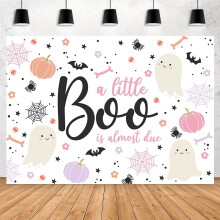 7x5ft Halloween Baby Shower Backdrop - A Little Boo is Almost Due, Blush Pink Pumpkin Skull Spider Web Bat, Compatible with Photography Background
